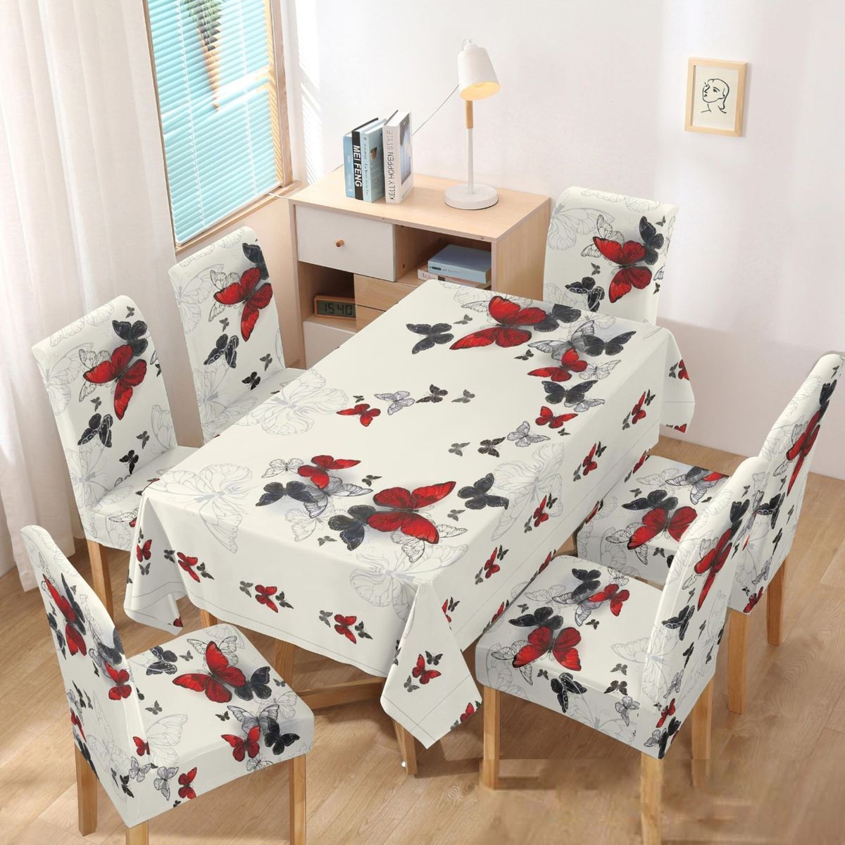 GENERICO - MANTEL ANTIMANCHA CON 6 FUNDA SILLA DISEÑO MARIPOSAS TF