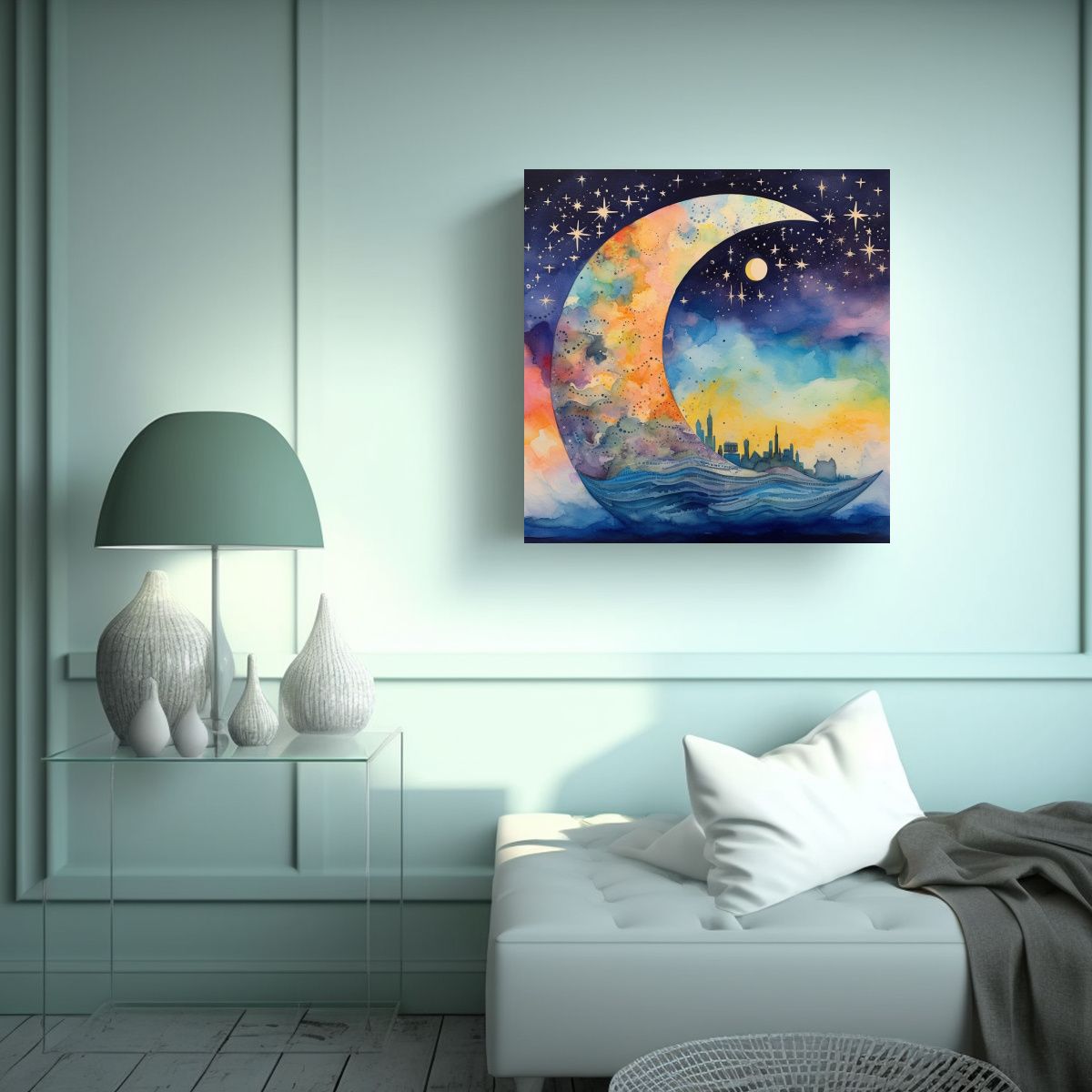 GENERICO - Cuadro Galaxia Con Luna, Estrellas Y Estrella 90x90 Cm