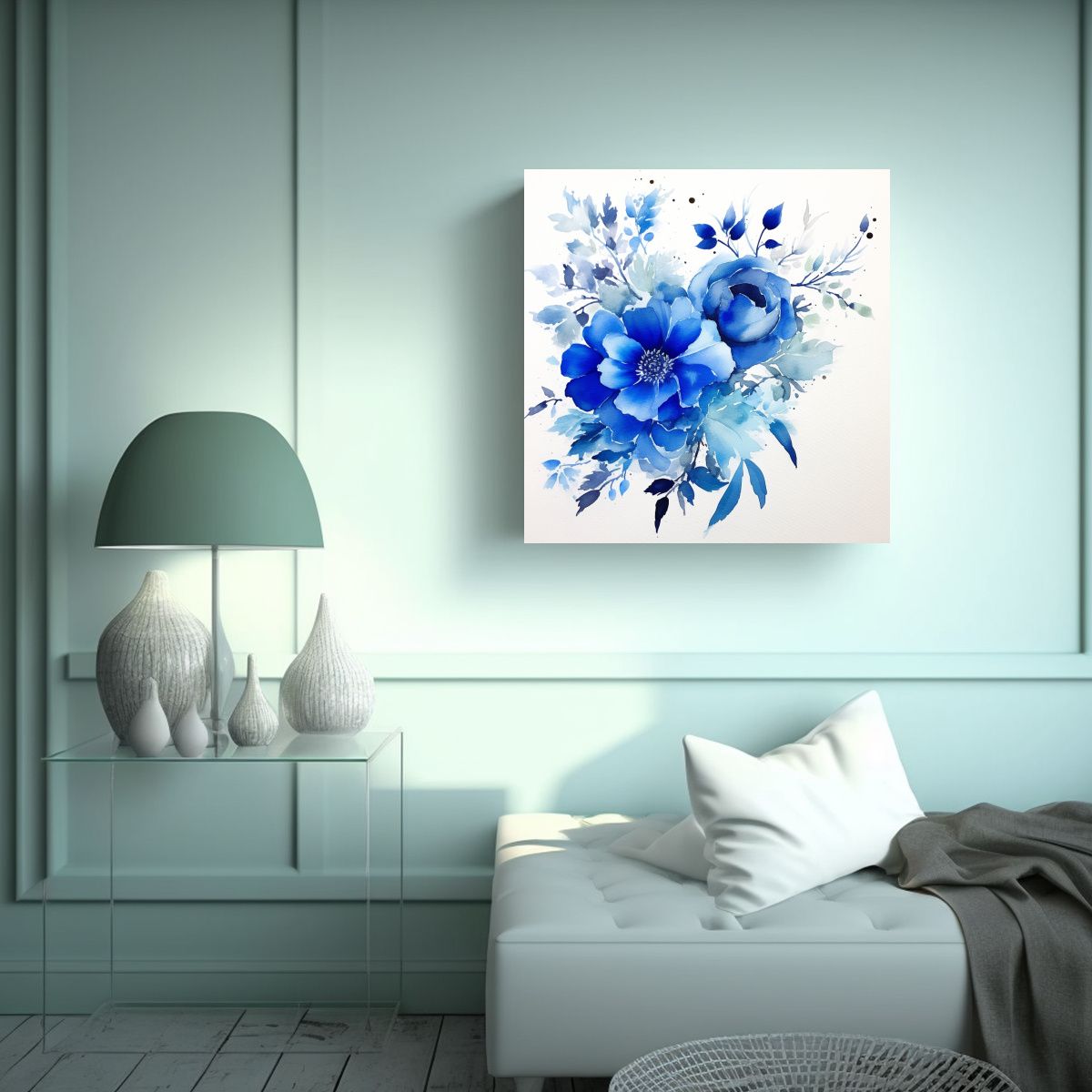 GENERICO - Pintura Decorativa Clásica Azul Floral Acuarela 90x90 Cm