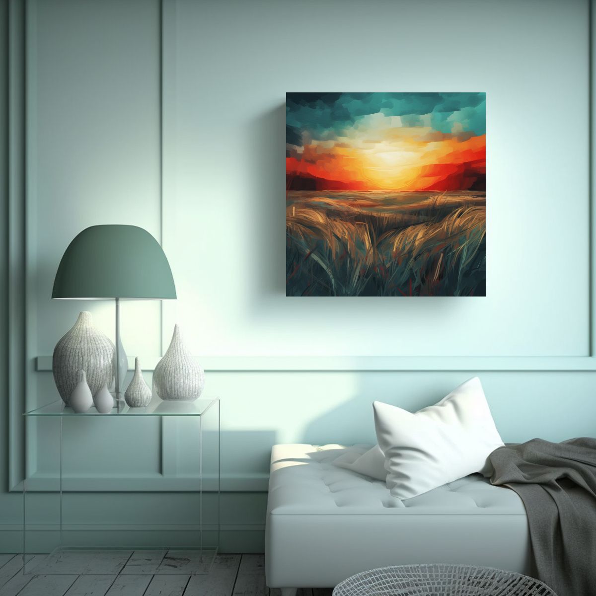 GENERICO - Pintura Abstracta Atardecer Sobre Un Campo En 50x50 Cm