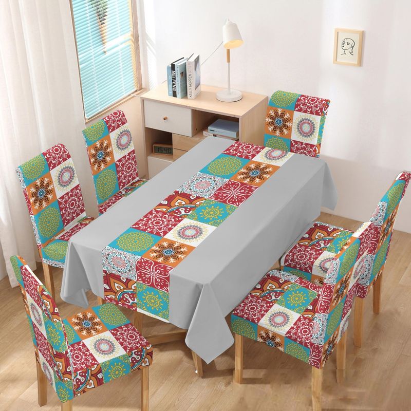 GENERICO - MANTEL ANTIMANCHA CON 6 FUNDA SILLA DISEÑO GRIS CUADRO COLORES TF
