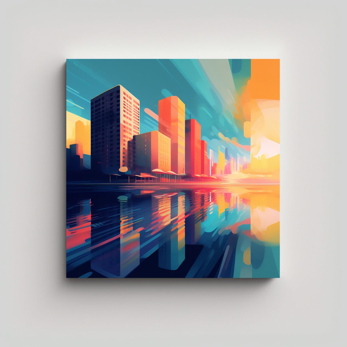 GENERICO - Cuadro Abstracto De Edificios Y Agua En Línea 70x70 Cm