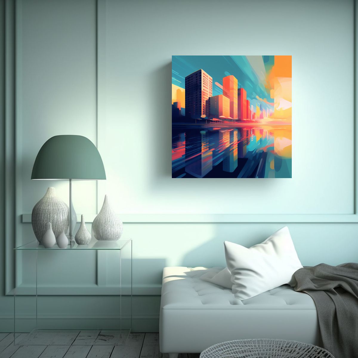 GENERICO - Cuadro Abstracto De Edificios Y Agua En Línea 70x70 Cm