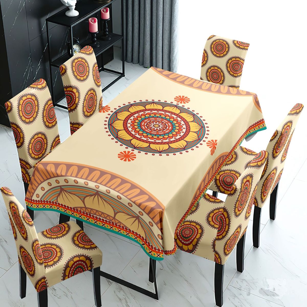GENERICO - MANTEL ANTIMANCHA CON 6 FUNDA SILLA DISEÑO MANDADA CAFE CLARO TF