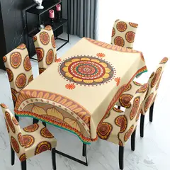 GENERICO - MANTEL ANTIMANCHA CON 6 FUNDA SILLA DISEÑO MANDADA CAFE CLARO TF