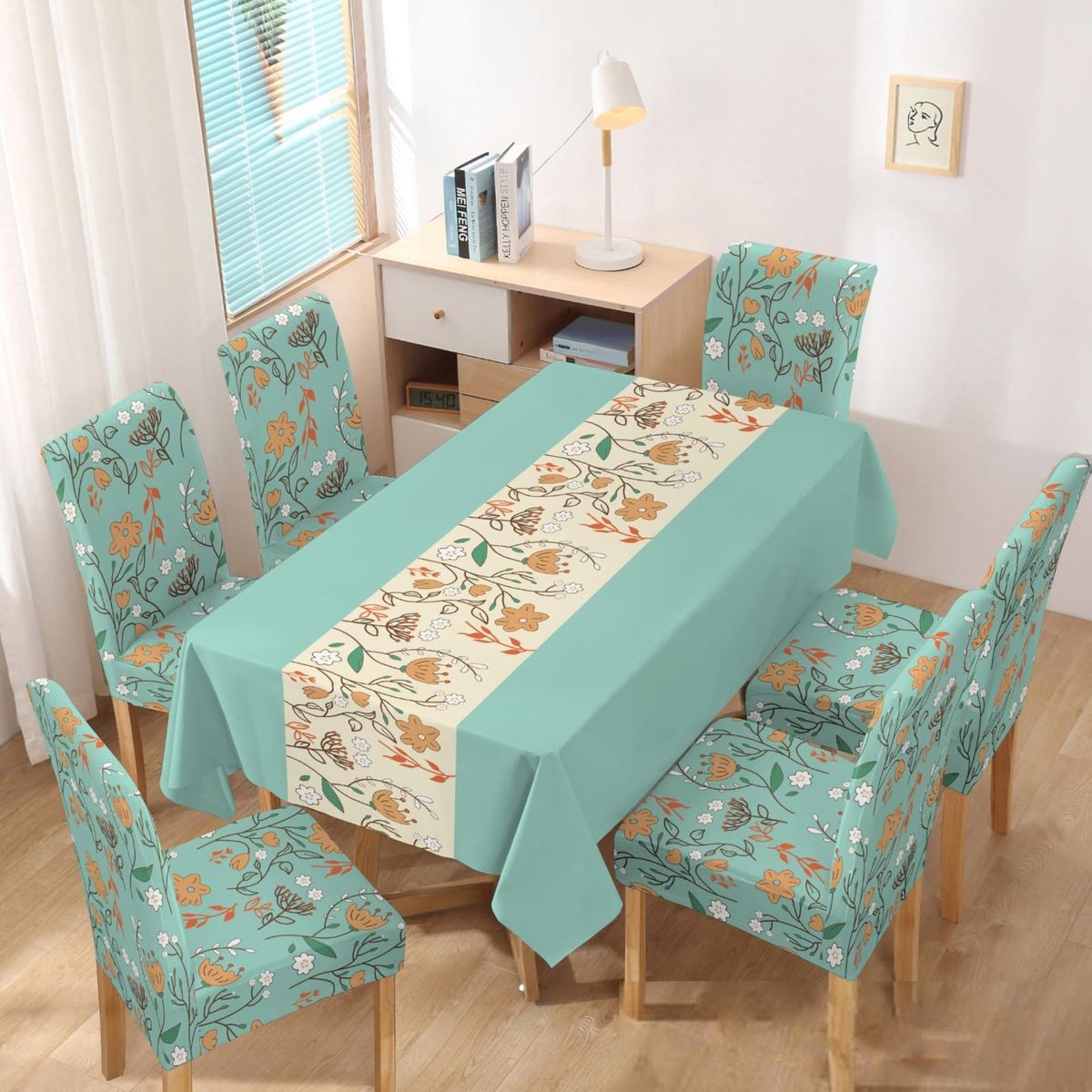 GENERICO - MANTEL ANTIMANCHA CON 6 FUNDA SILLA DISEÑO CELESTE FLOR TF