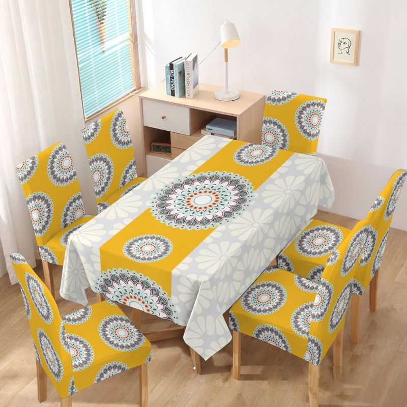 GENERICO - MANTEL ANTIMANCHA CON 6 FUNDA SILLA DISEÑO MANDADA LINEA AMARILLA TF