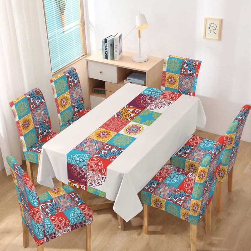 GENERICO - MANTEL ANTIMANCHA CON 6 FUNDA SILLA DISEÑO BLANCO CUADRO COLORES TF