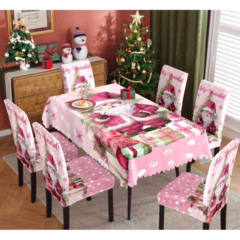 GENERICO - MANTEL ANTIMANCHA CON 6 FUNDA SILLA NAVIDEÑAS ROSA DISEÑO PAPA NOEL MP
