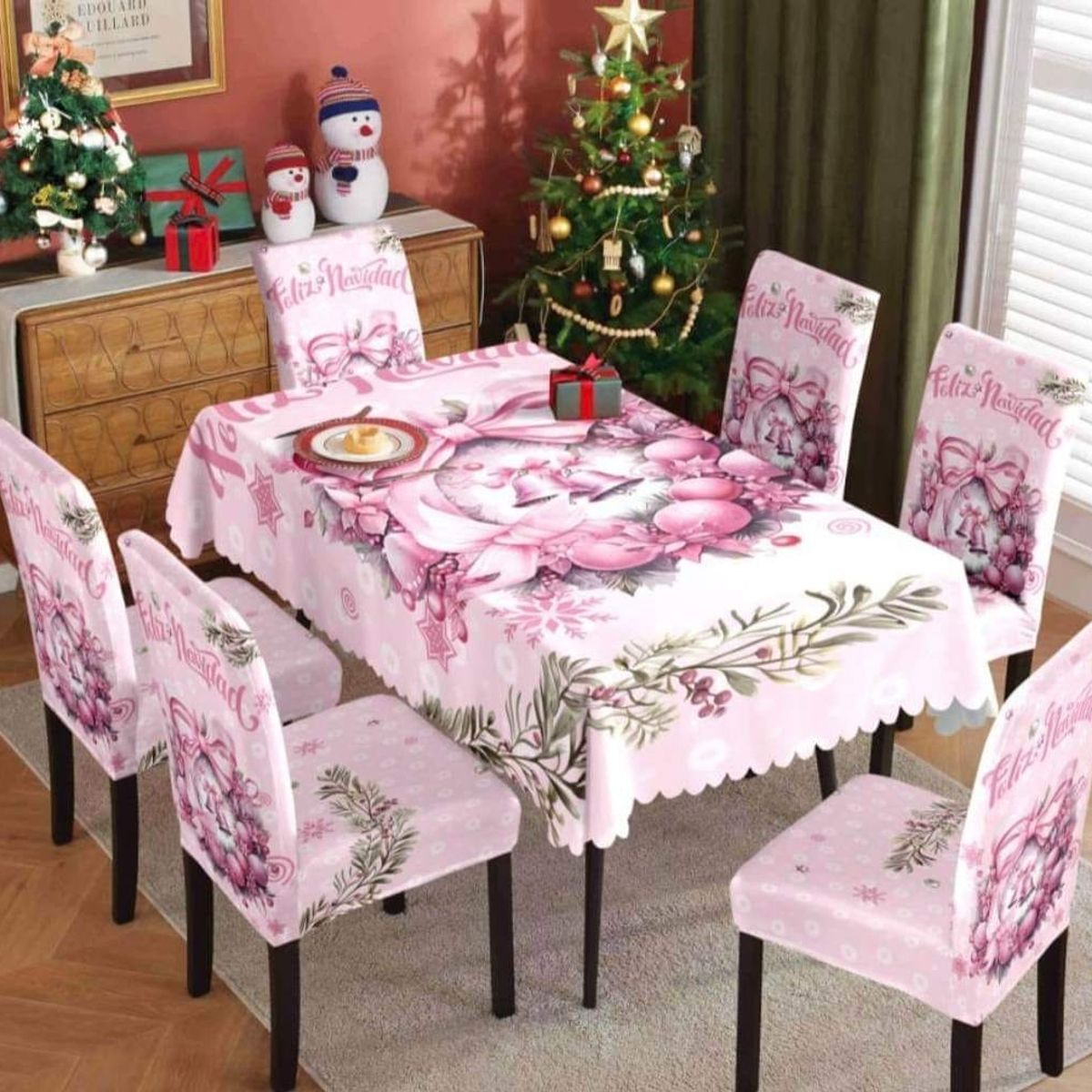 GENERICO - MANTEL ANTIMANCHA CON 6 FUNDA SILLA NAVIDEÑAS ROSA DISEÑO GIRNALDA MP