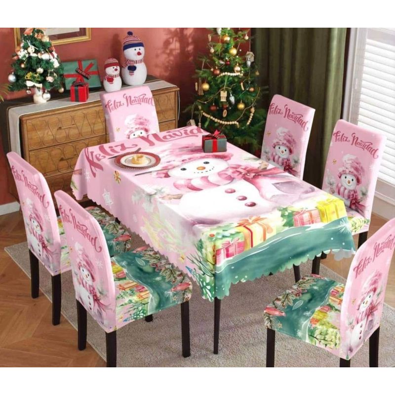 GENERICO - MANTEL ANTIMANCHA CON 6 FUNDA SILLA NAVIDEÑAS ROSA DISEÑO M NIEVE MP