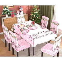 GENERICO - MANTEL ANTIMANCHA CON 6 FUNDA SILLA NAVIDEÑAS ROSA DISEÑO ADORNOS MP