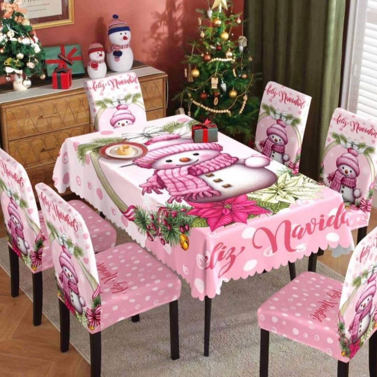 GENERICO - MANTEL ANTIMANCHA CON 6 FUNDA SILLA NAVIDEÑAS ROSA DISEÑO NIEVE MP