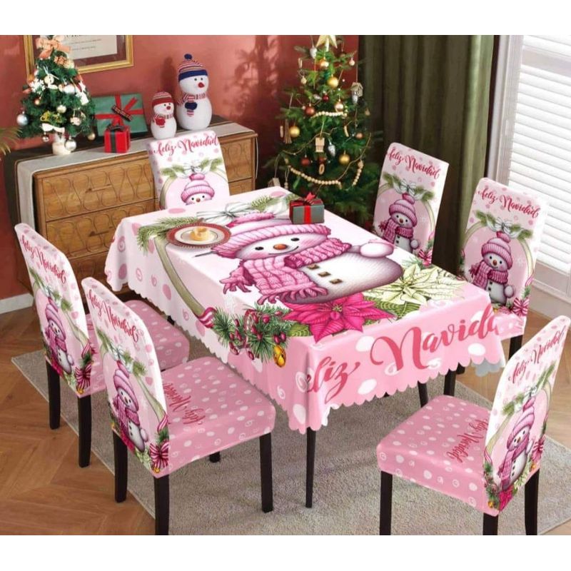 GENERICO - MANTEL ANTIMANCHA CON 6 FUNDA SILLA NAVIDEÑAS ROSA DISEÑO NIEVE MP