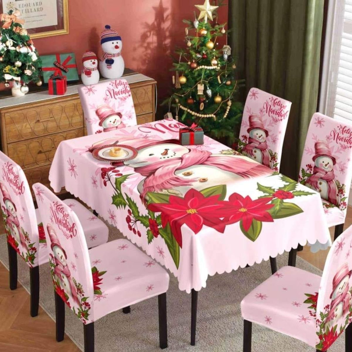 GENERICO - MANTEL ANTIMANCHA CON 6 FUNDA SILLA NAVIDEÑAS ROSA DISEÑO NIEVE FLORMP