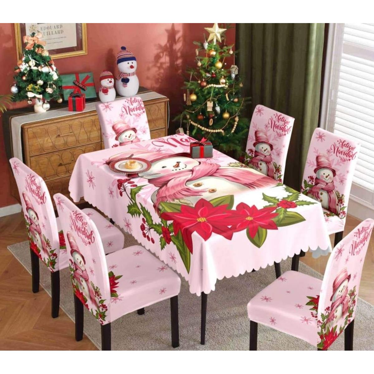 GENERICO - MANTEL ANTIMANCHA CON 6 FUNDA SILLA NAVIDEÑAS ROSA DISEÑO NIEVE FLORMP