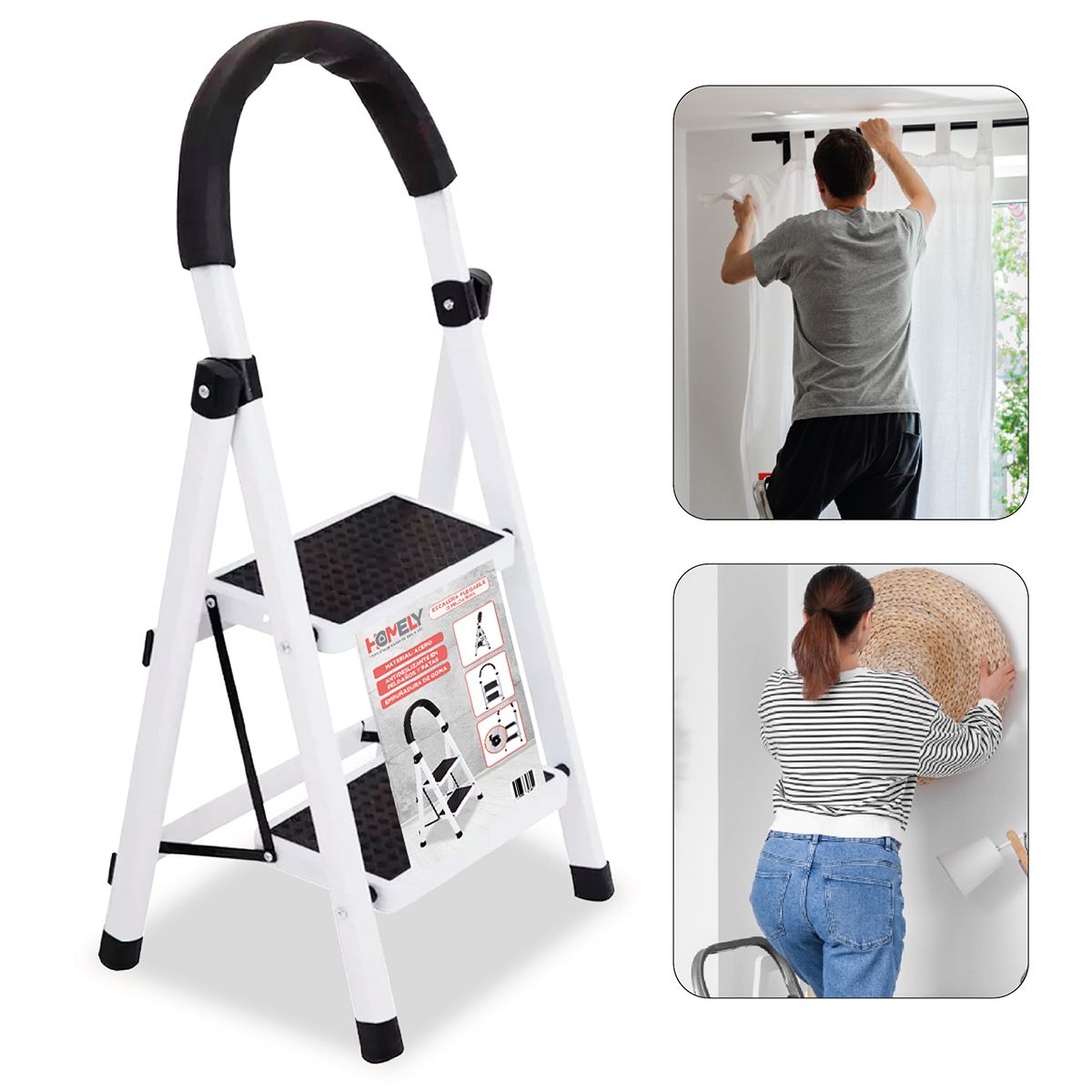HOMELY - Escalera Plegable De Acero 2 Peldaños Homely Piso Escalera