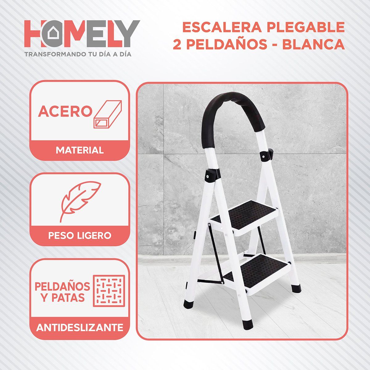 HOMELY - Escalera Plegable De Acero 2 Peldaños Homely Piso Escalera