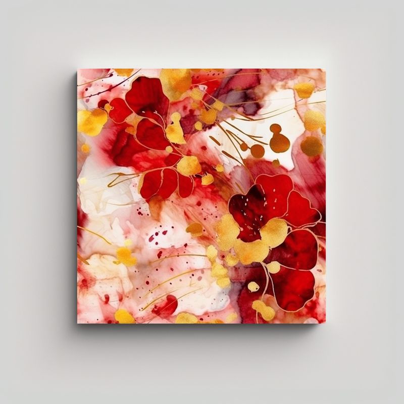 GENERICO - Cuadro Moderno Textura Roja Con Flores Doradas Y 60x60 Cm