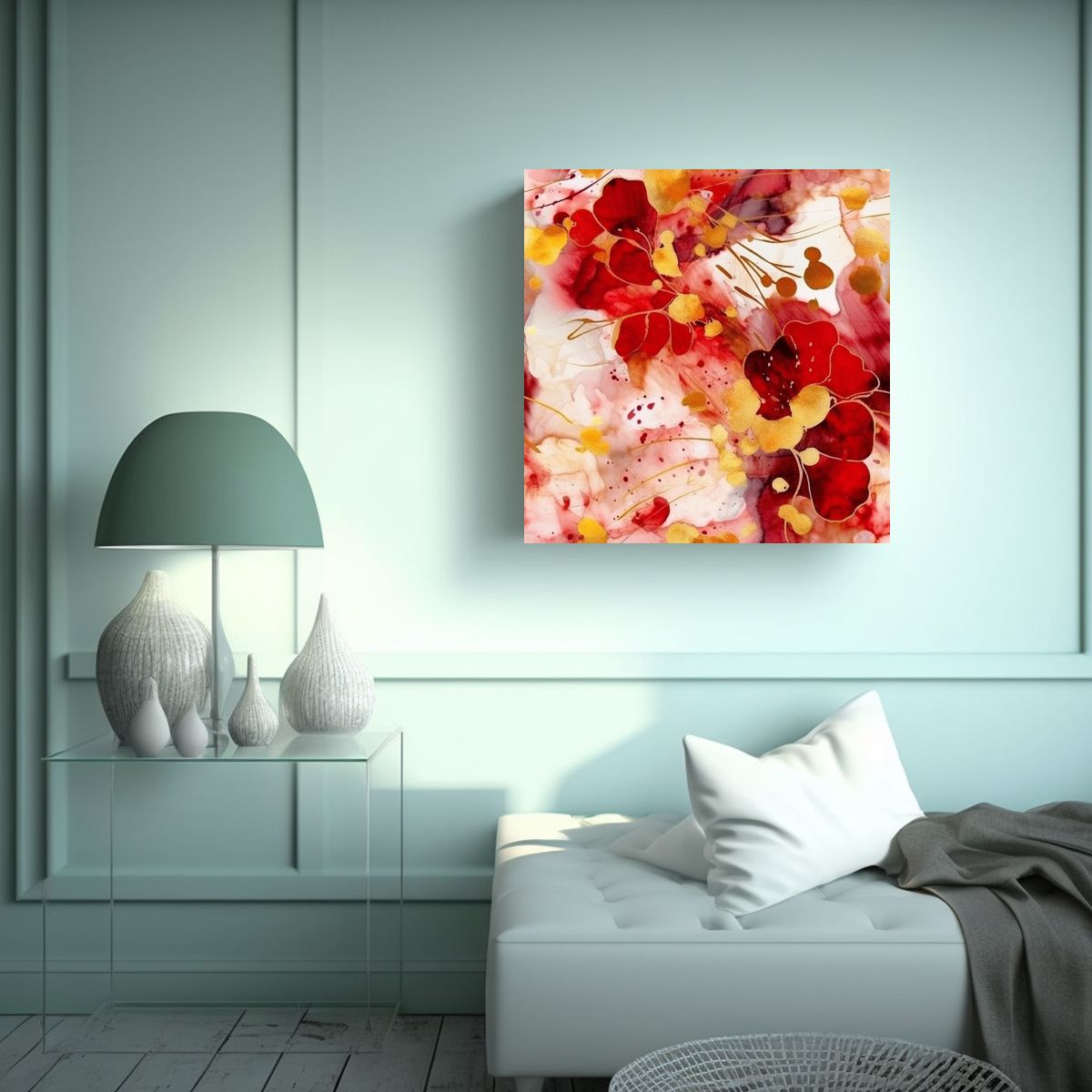 GENERICO - Cuadro Moderno Textura Roja Con Flores Doradas Y 80x80 Cm