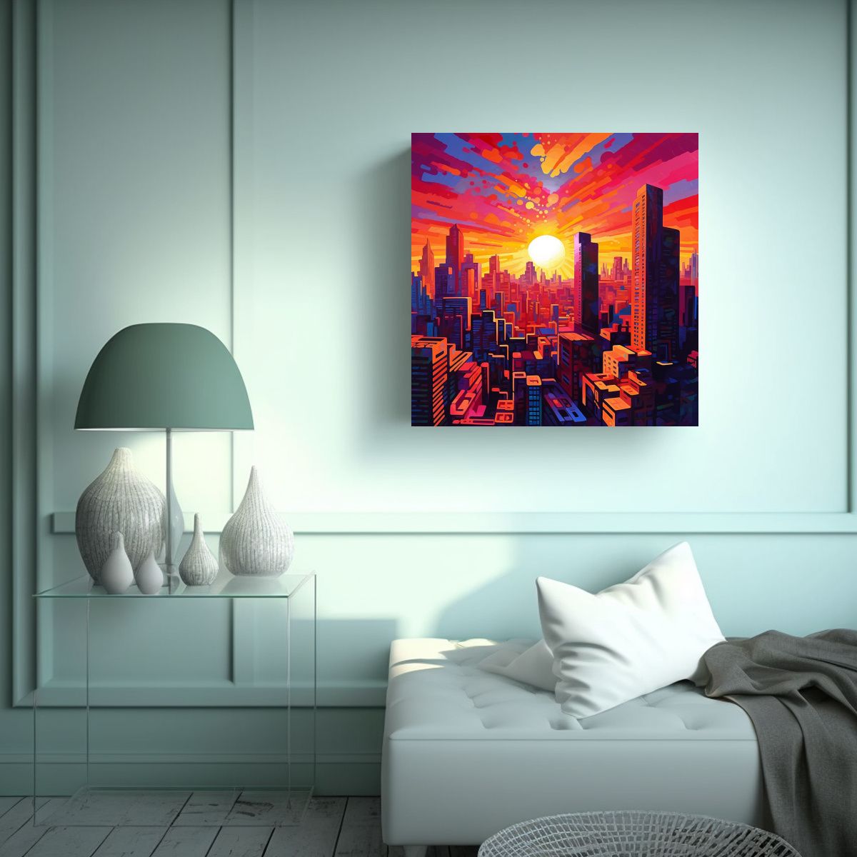 GENERICO - Cuadro Baño Silueta Ciudad En Atardecer Vibrante 50x50 Cm