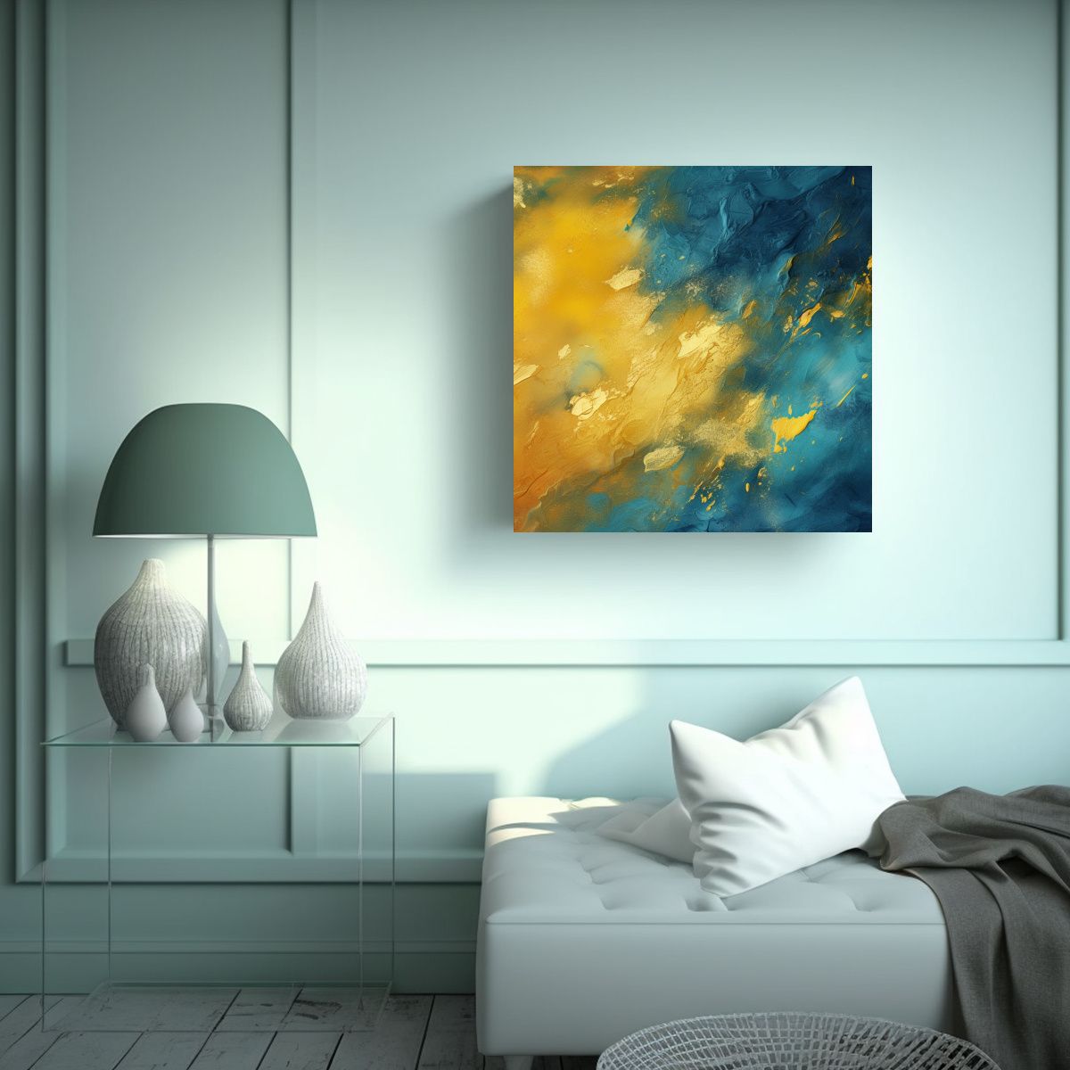 GENERICO - Cuadro Exposición Abstracto Fondo Azul Y Dorado 50x50 Cm