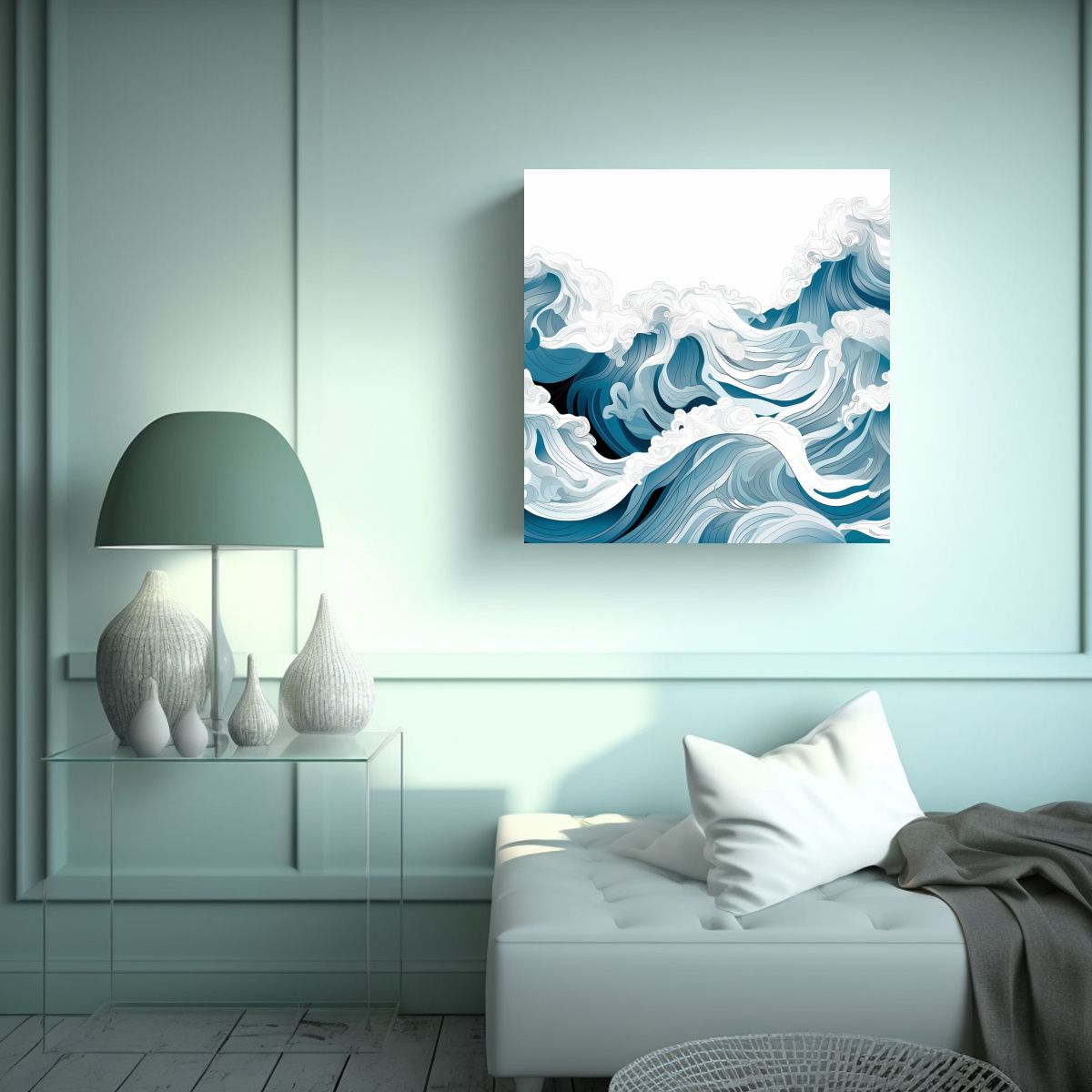 GENERICO - Cuadro Abstracto Del Mar Con Olas En Fondo Blanco 50x50 Cm