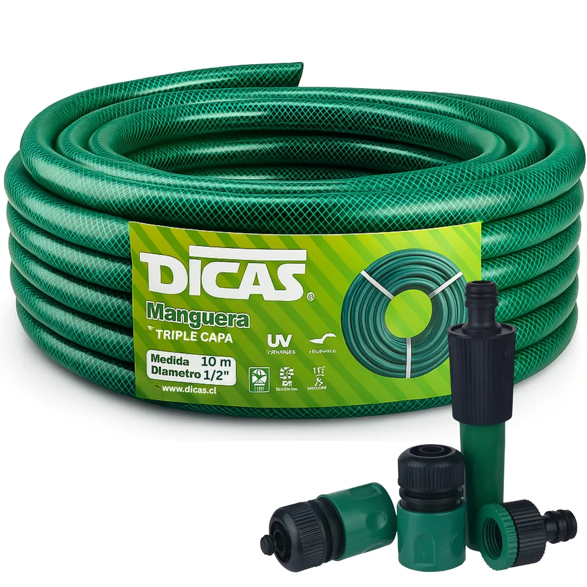 DICAS - Manguera Jardin Con Malla 1/2 Pulgada 10 Metros Con Acoples Dicas