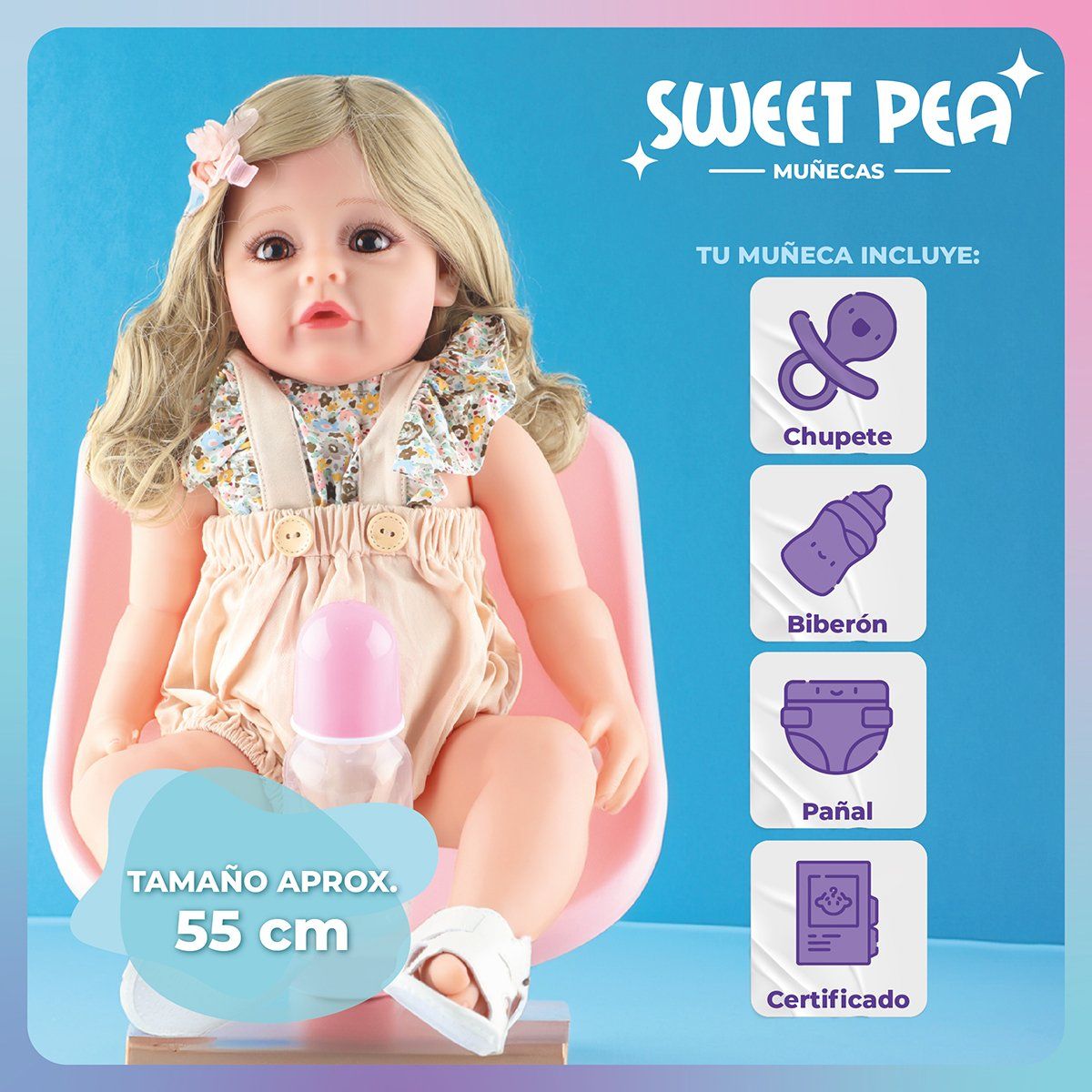 SWEET PEA - Bebé Reborn Candy Muñeca Sweet Pea Realista Silicona 55 Cm