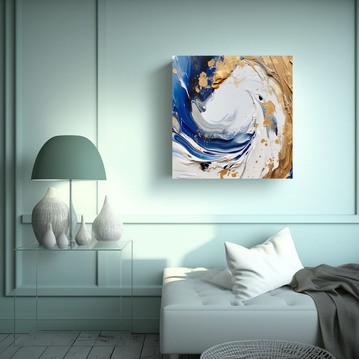 GENERICO - Cuadro Tela Sublimada Abstracto Blanco Y Dorado 90x90 Cm
