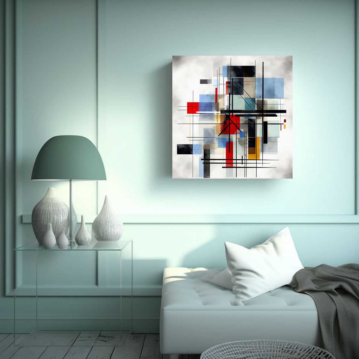 GENERICO - Cuadro Acuarela Abstracto Estilo Bauhaus Con 70x70 Cm