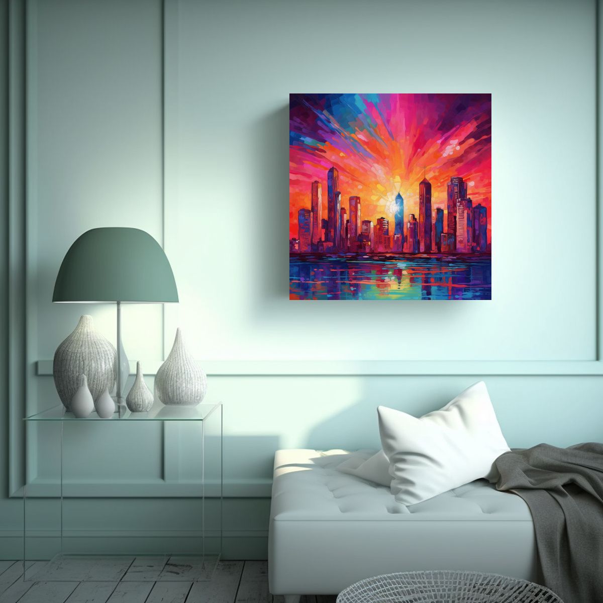 GENERICO - Paisaje Urbano Al Atardecer Con Estilo Acrílico 50x50 Cm