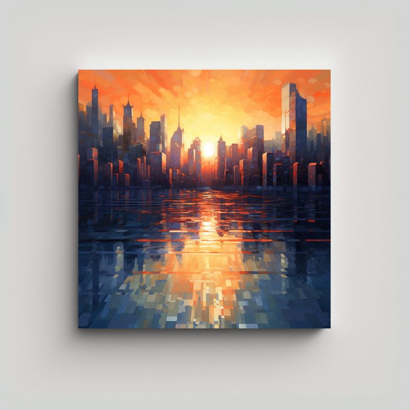 GENERICO - Pintura Abstracta Con Ciudad Y Agua Decorativa 50x50 Cm