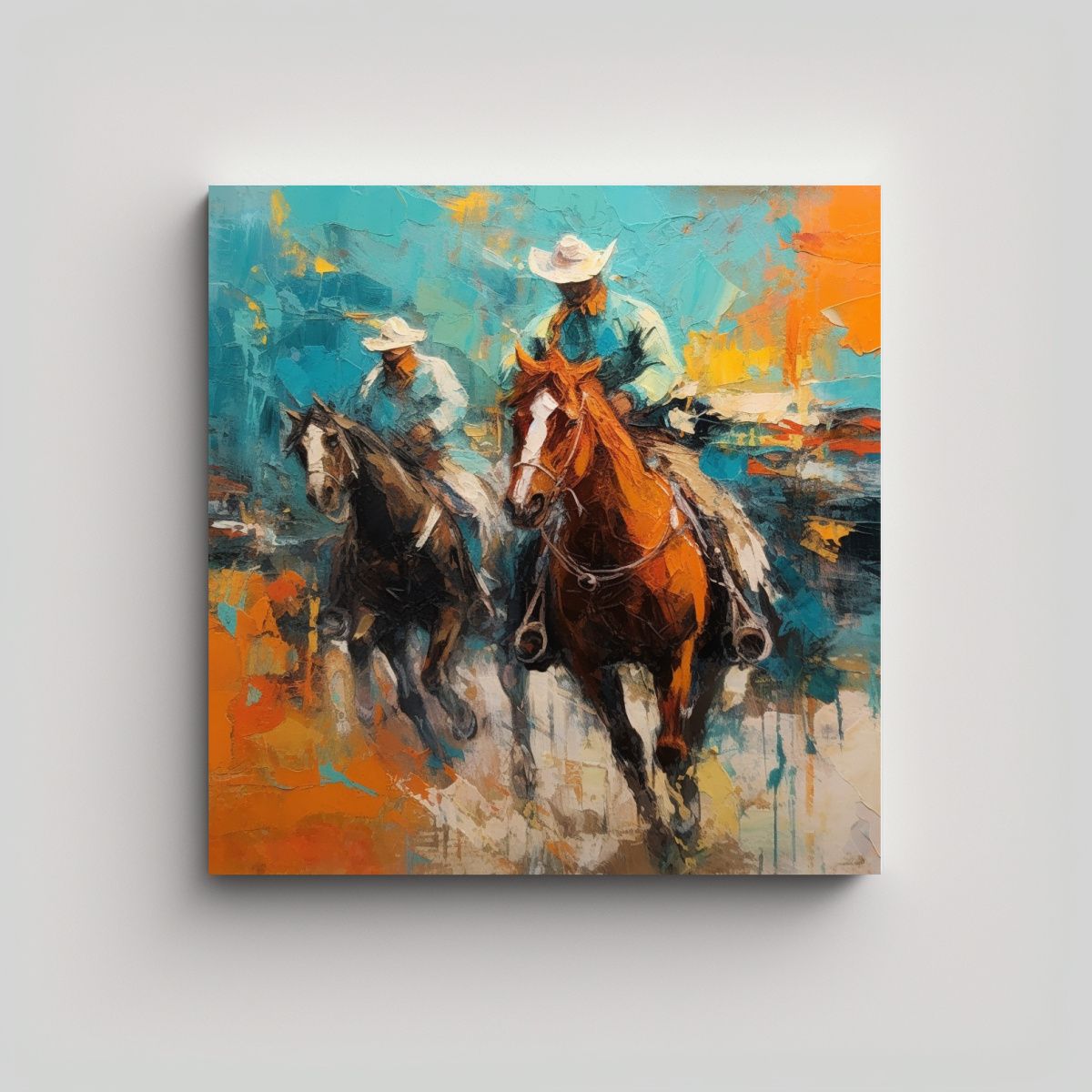 GENERICO - Pintura En óleo De Vaqueros Y Caballos 90x90 Cm