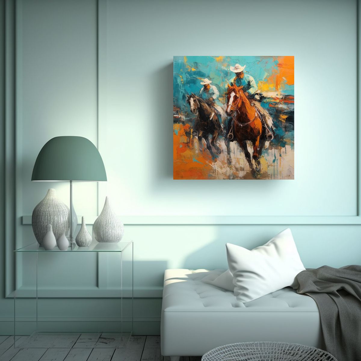 GENERICO - Pintura En óleo De Vaqueros Y Caballos 90x90 Cm