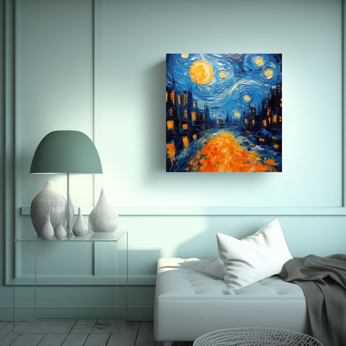 GENERICO - Pintura Decorativa Estilo Van Gogh Azul Naranja 70x70 Cm