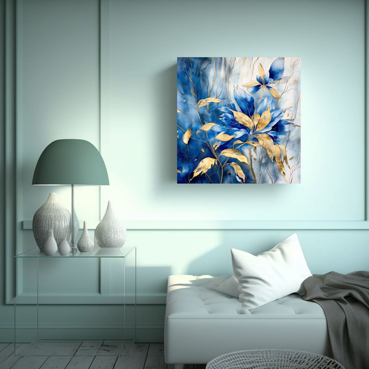 GENERICO - Pintura Acuarela Azul Con Hojas Doradas En Estilo 90x90 Cm