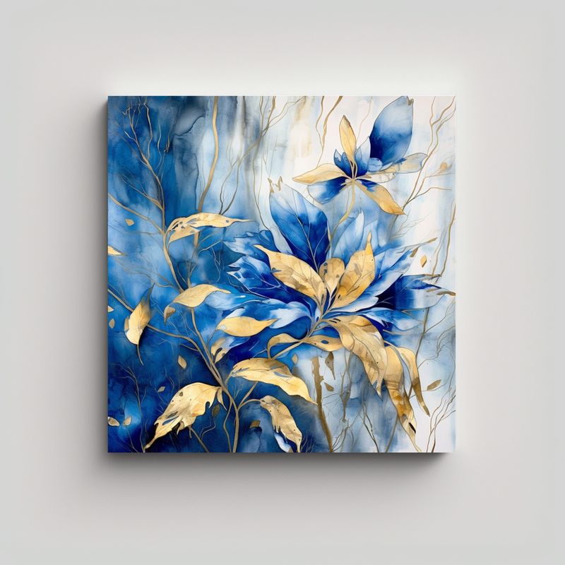 GENERICO - Pintura Acuarela Azul Con Hojas Doradas En Estilo 70x70 Cm