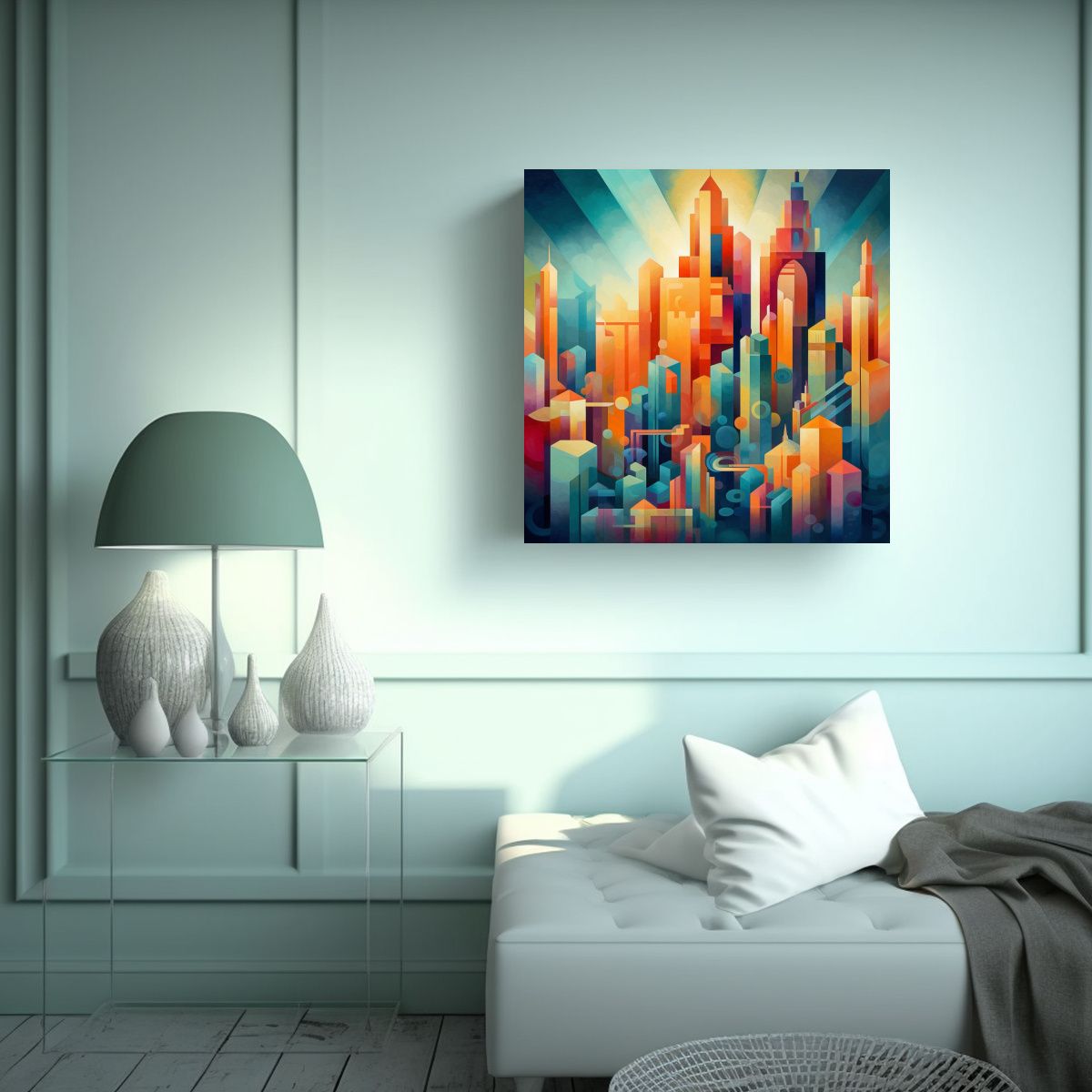 GENERICO - Pintura Moderna Cubista De Ciudad En Gradientes 80x80 Cm