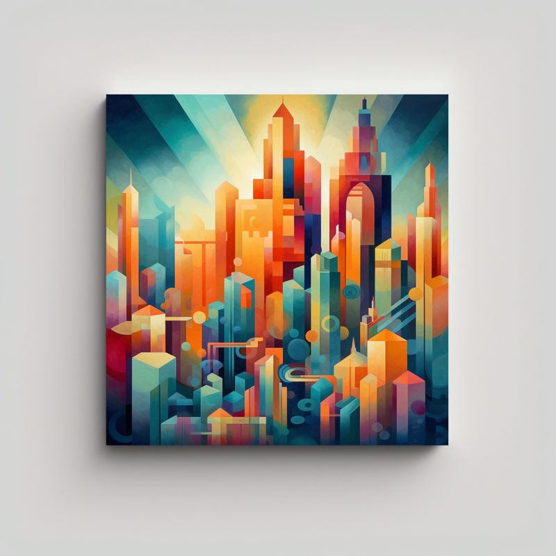 GENERICO - Pintura Moderna Cubista De Ciudad En Gradientes 70x70 Cm