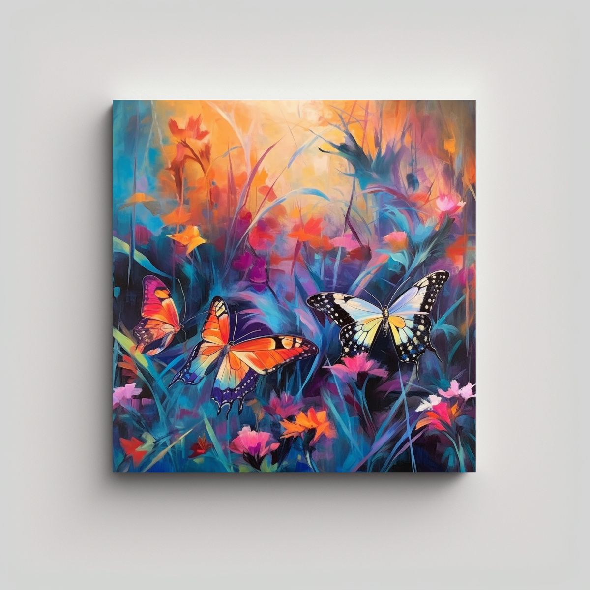 GENERICO - Pintura De Lienzo Acuarela Con Mariposas Neón 70x70 Cm.