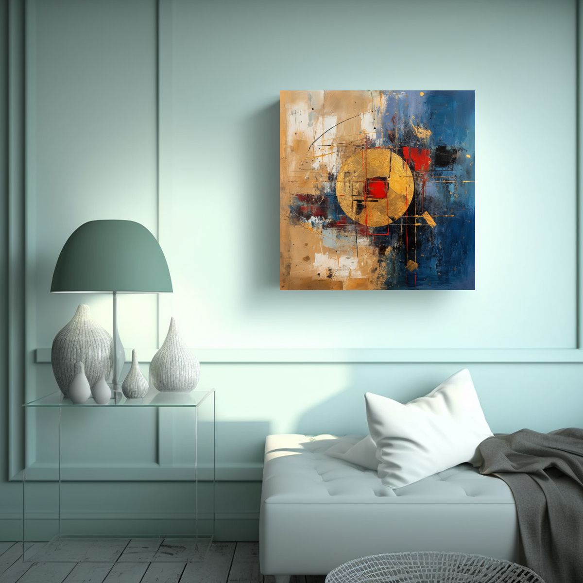 GENERICO - Tela En Bastidor Impreso Abstracto Azul Y Dorado 70x70 Cm