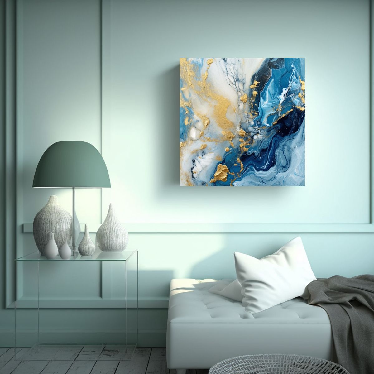 GENERICO - Pintura Abstracta Azul Con Textura De Mármol, 90x90 Cm
