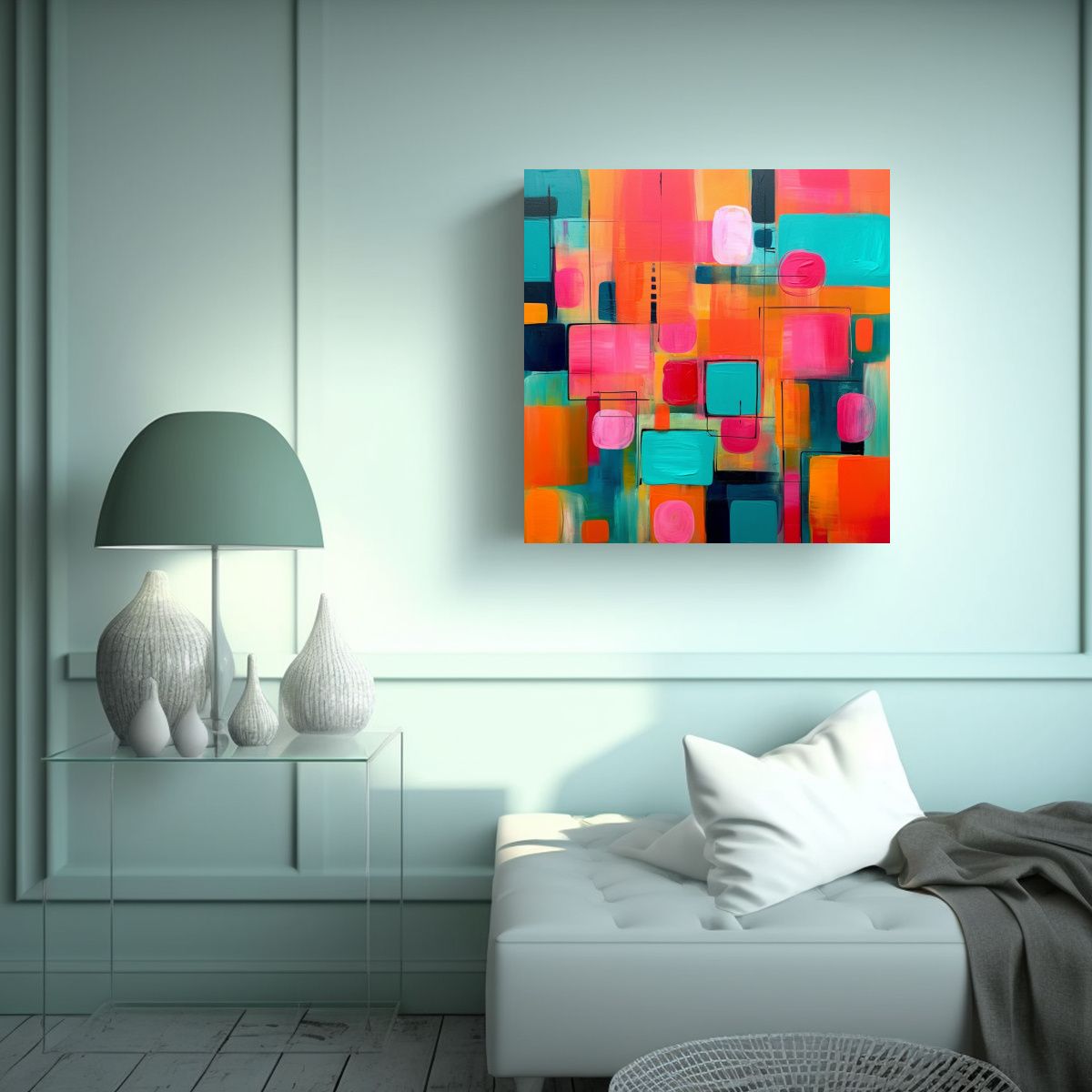 GENERICO - Pintura Decorativa Salón En Tonos Turquesa, Rosa 50x50 Cm.
