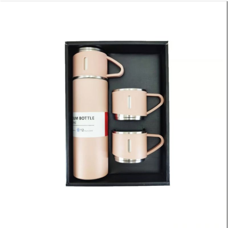 GENERICO - Set Termo Termico 500ml Termo + 2 Tazas Acero Inoxidable - Rosa.