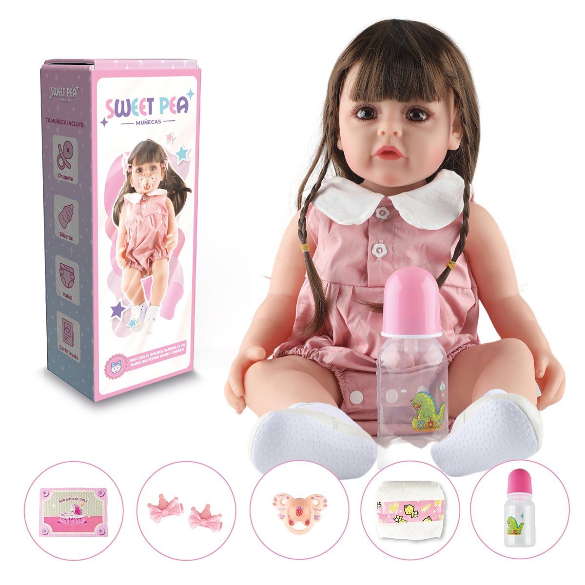 SWEET PEA - Bebé Reborn Vestido Rosado Sweet Pea Realista Silicona 55 Cm