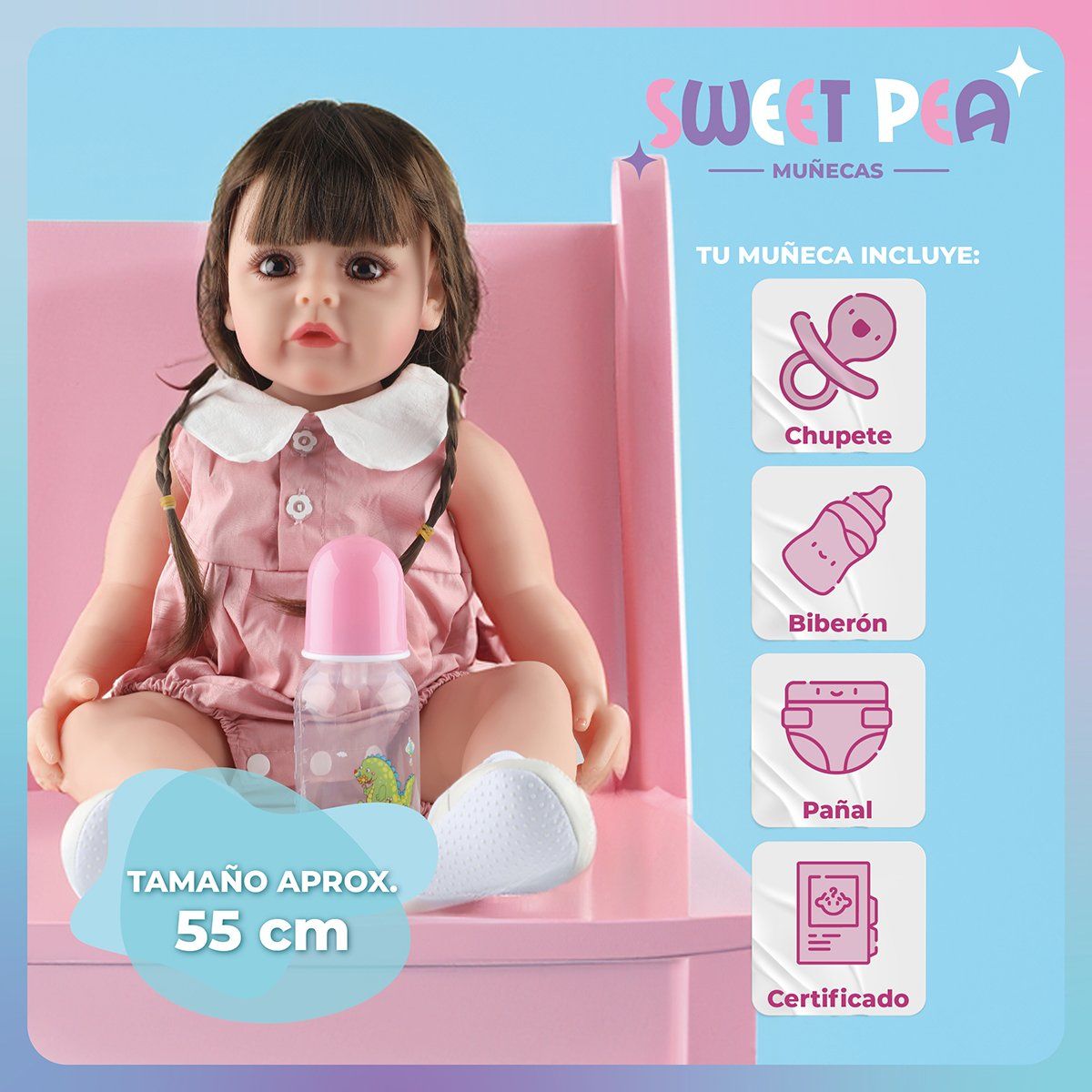SWEET PEA - Bebé Reborn Vestido Rosado Sweet Pea Realista Silicona 55 Cm