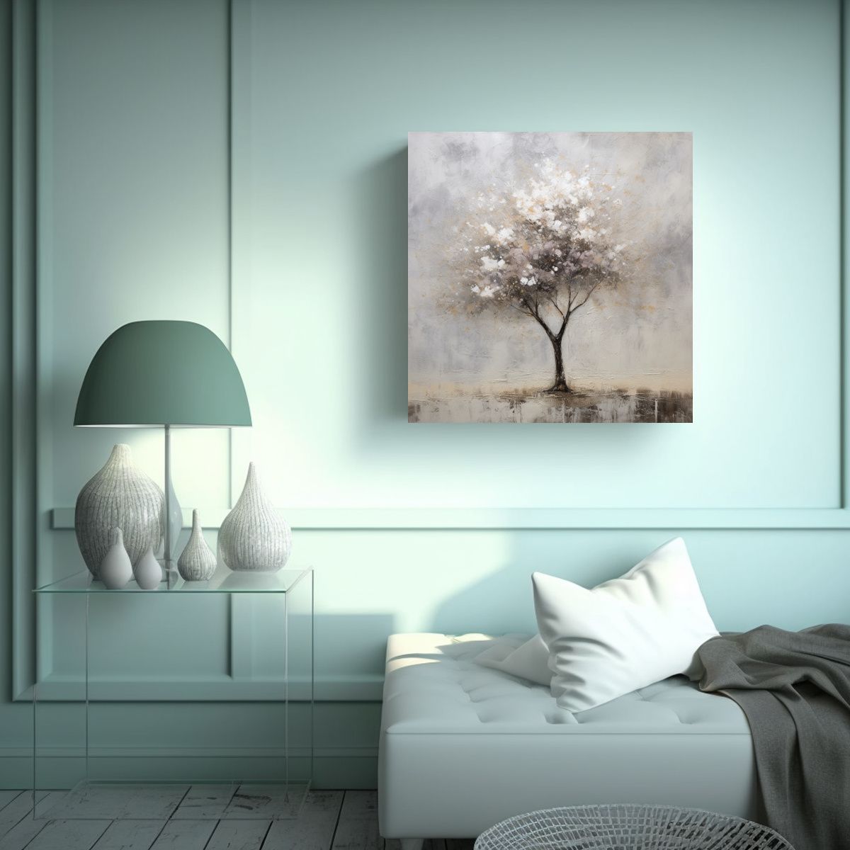 GENERICO - Cuadro De Tela Estilo Moderno árbol Blanco De 60x60 Cm.