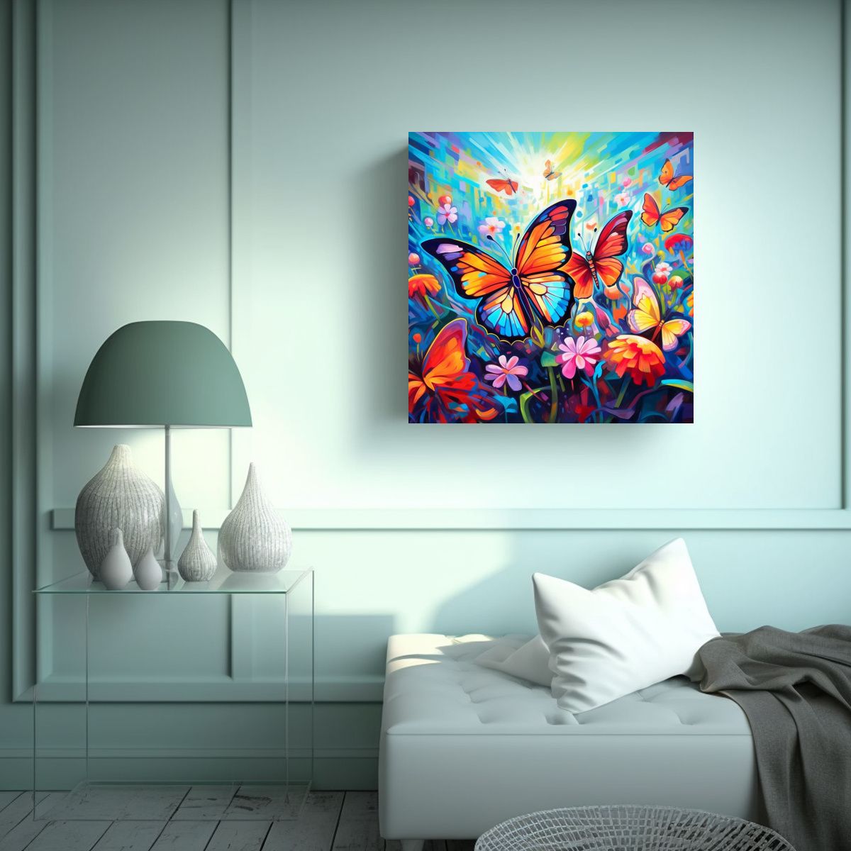 GENERICO - Cuadro De Tela Sublimada Con Mariposas Neón 80x80 Cm