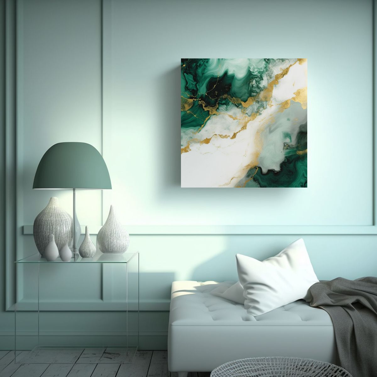 GENERICO - Cuadro Acuarela Mármol Textura Blanco Verde Oro 80x80 Cm